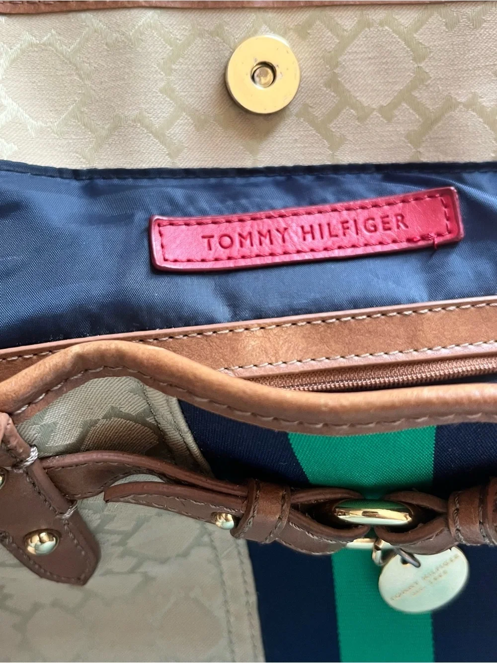 Vintage Tommy Hilfiger Monogram Tote Bag - Green/Blue Stripe